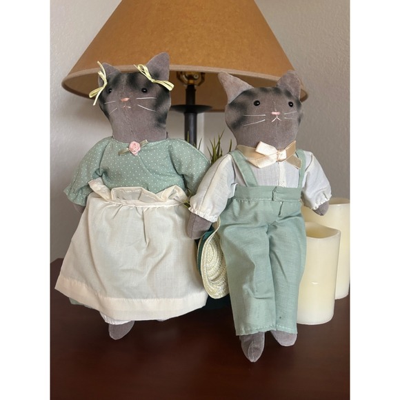 Other - Hallmark Captivating Cats Gray Cat Cloth Doll Green Overalls Straw Hat 11" Plush